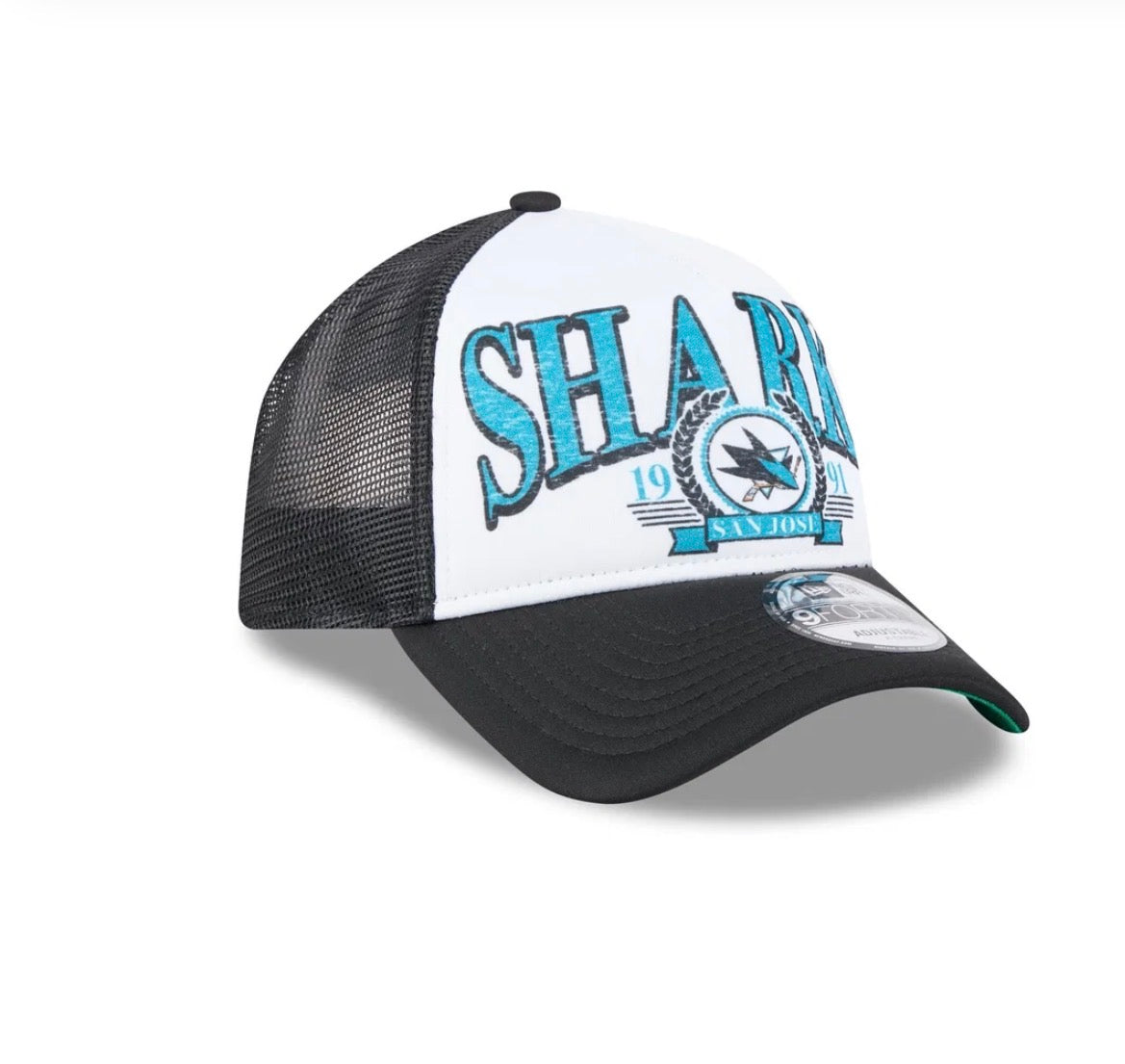 New Era San Jose Sharks 9FORTY Trucker Snapback Hat – White/Black/Teal