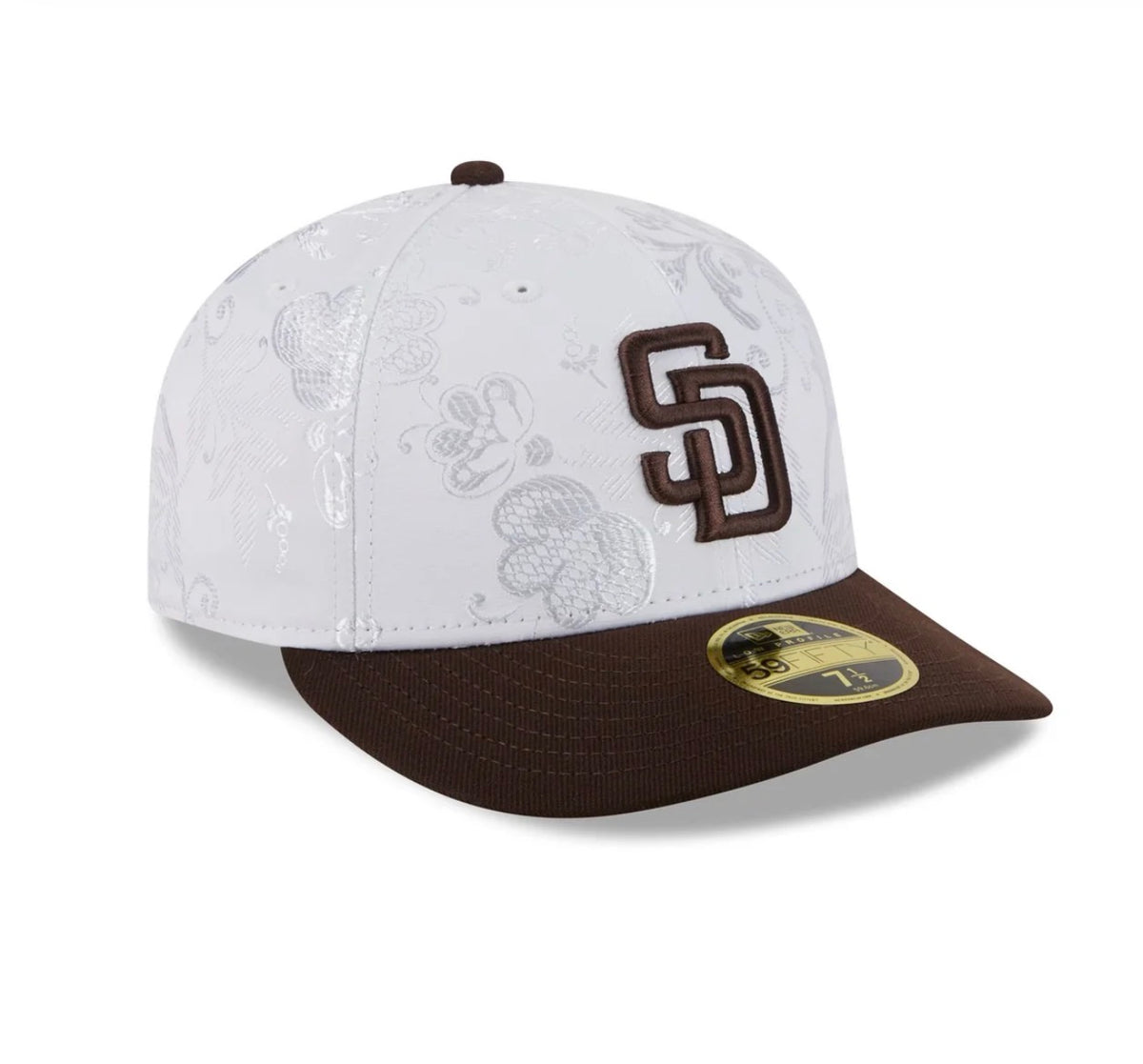 San Diego Padres white and brown floral fitted cap angle view