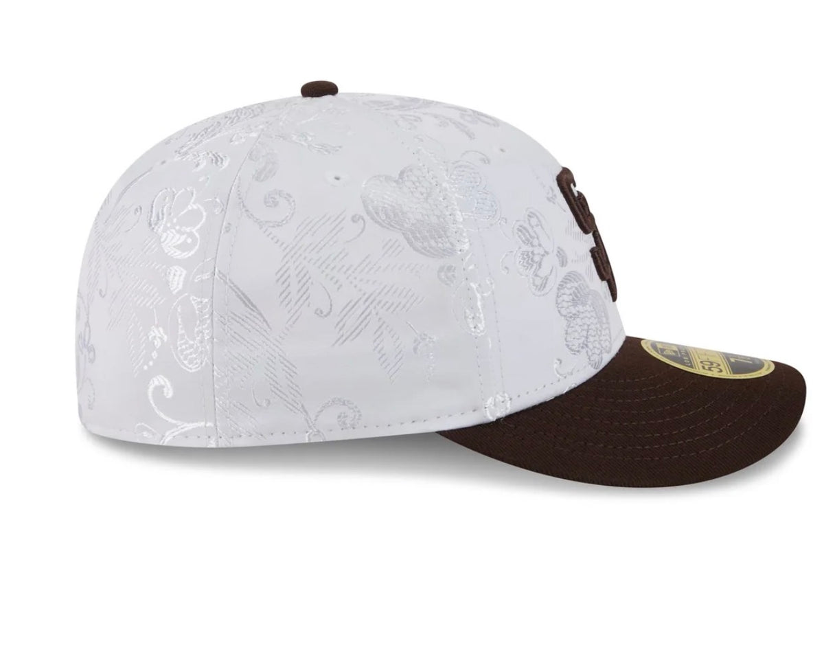 San Diego Padres white and brown floral fitted cap opposite side view